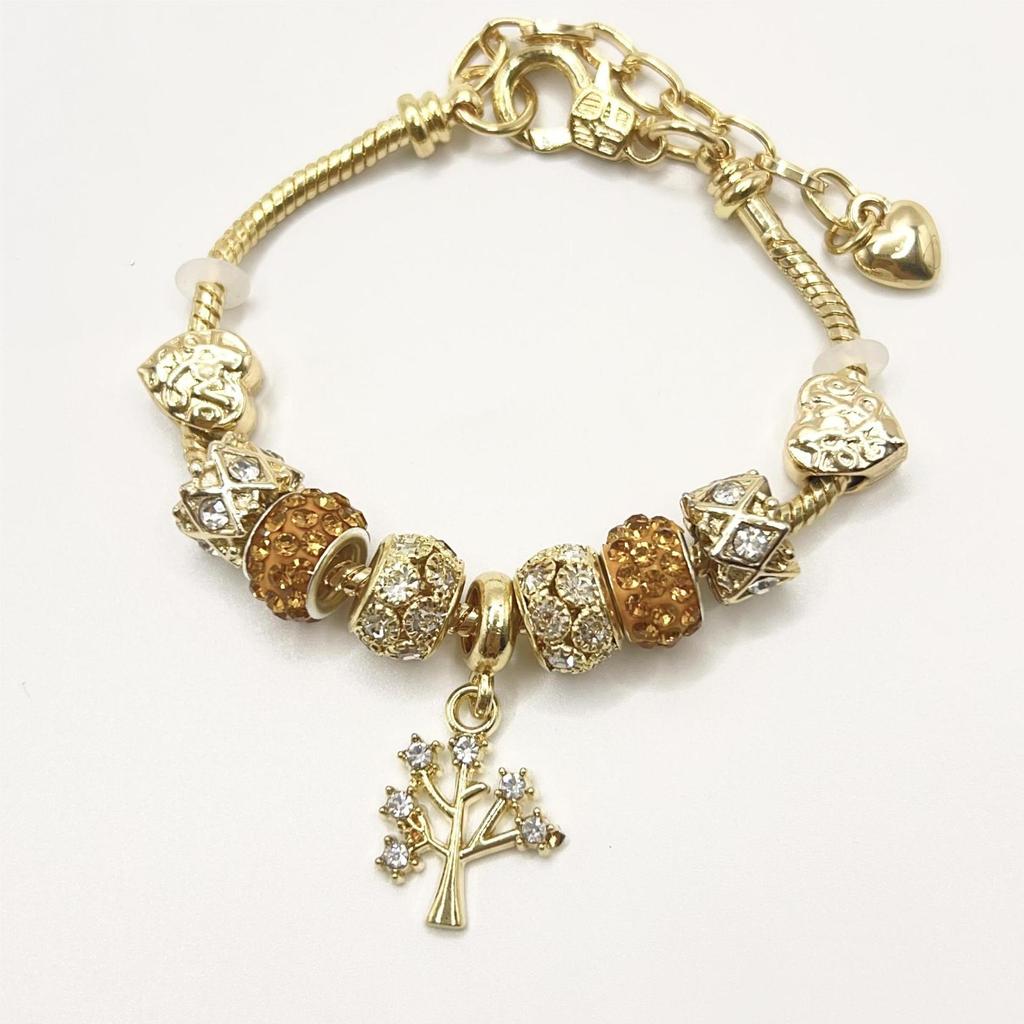 High Quality Gold Plated Crystal Rhinestone Lotus Flower Charm Bracelet Large Hole Beads Pink Flower Pendant Adjustable DIY