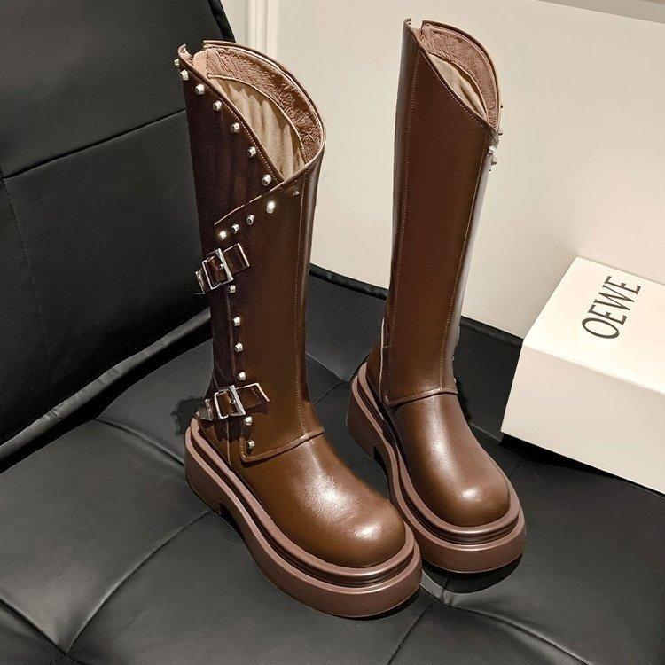Britischer Stil mit dicker Sohle, Weidenagel-High-Heel-Ritterstiefel für Damen Herbst/Winter 2025 neu, runde Spitze, Retro-High Boots