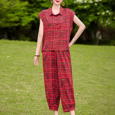 Women's Summer Cotton Linen 2-Piece Set, Plus Size Sleeveless Top & Pants Outfit (XL-5XL)