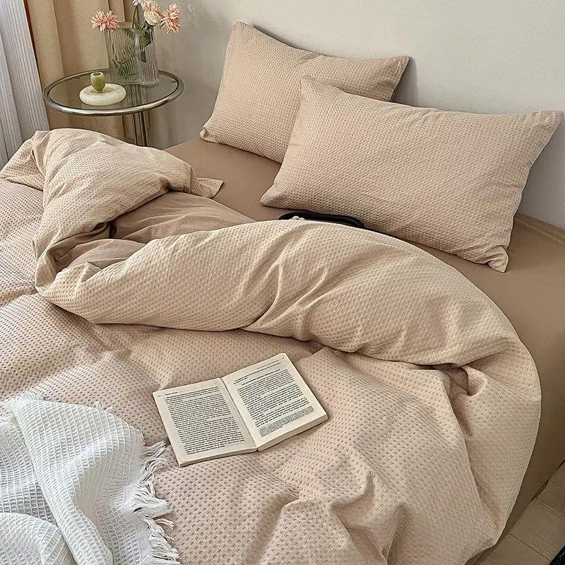 Ins Style Bedding Set Duvet Cover Wash Cotton Solid Color Waffle Grid Summer Soft Bed Sheet Set Comforter Set Quilt Cover
