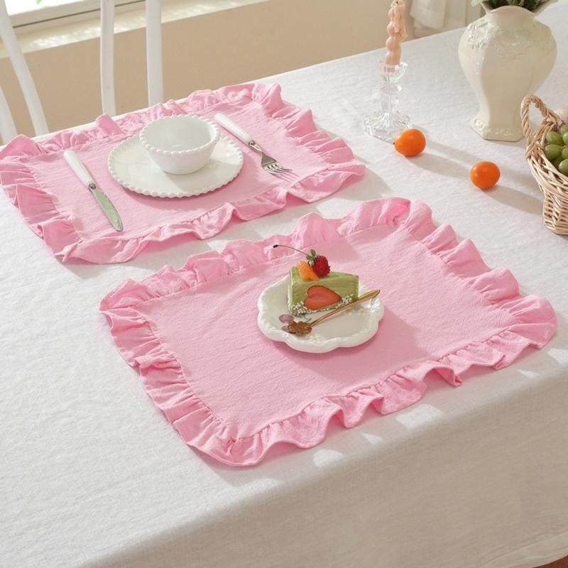 French Design Cloth Placemat Ruffle Edges Gingham Plaids Washable Table Mat For Banquets Wedding Parties Home Decors