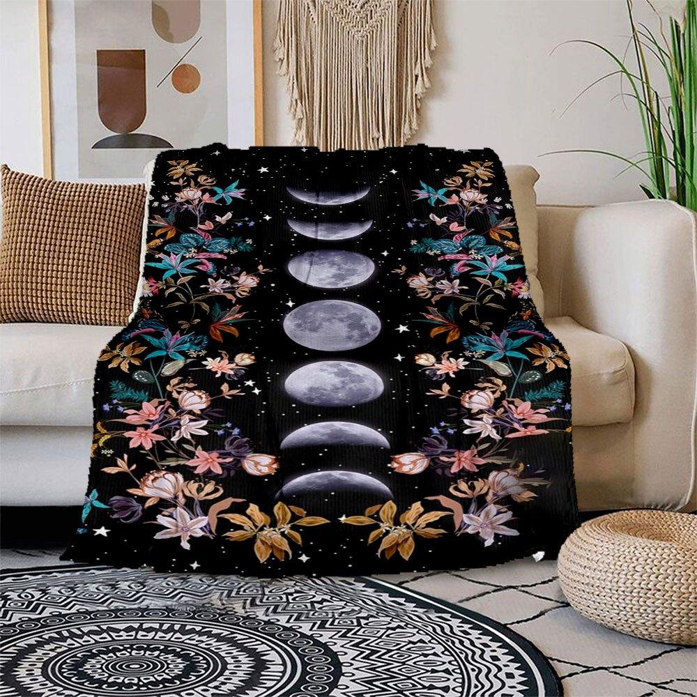 Bohemian Moon Phase Floral Wall Art Tapestry Blanket Flannel Throw Blanket for Sofa, Bed, Travel, Camping, Office, Couch, Chair, And Bed 150x180cm