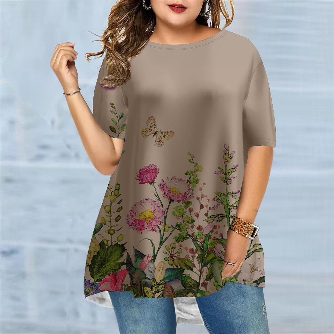

Женская летняя футболка с цветочным принтом больших размеров, удобная футболка с короткими рукавами и круглым вырезом, повседневная мешковатая футболка средней длины 8XL дубильная кора