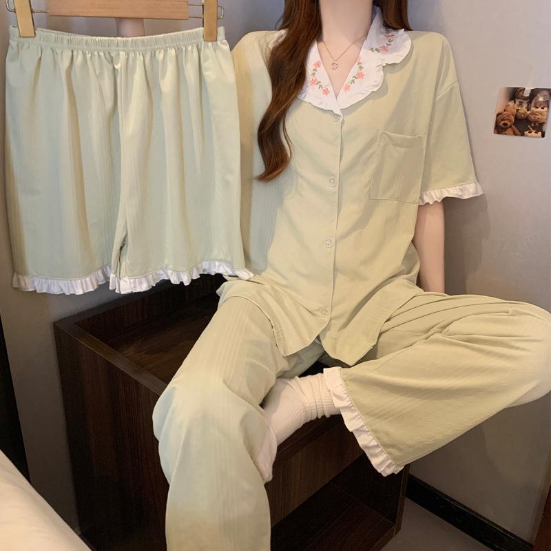 Xiaoqing Fresh Wind Matcha Green Lace Premium Sense Imitation Cotton Pajamas Women's Summer Short Sleeve Three-piece Set