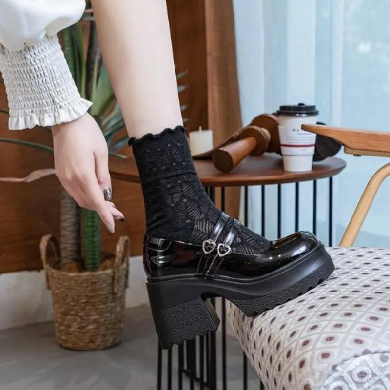 10cm Patent Leather Breathable Chunky Heels Mary Jane Buckle Platform Autumn Pumps Summer Ankle Boots Fashion Spring Shoes