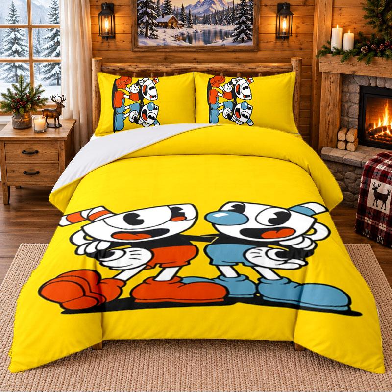 Cuphead Pattern Bedding 3Pcs Set Bed Sheet And Pillowcases For Indoor Bedroom