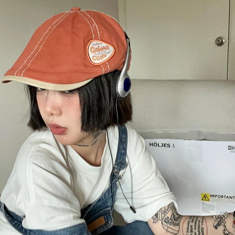 Y2k Newsboy Flat Cap Embroidery Beret Adjustable Retro Artist Hat  Spring Summer