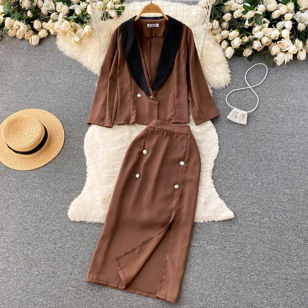 High-End Two-Piece Suit Women's Summer Style Contrast Color Suit Jacket High Waist Mid-Length Slit Skirt