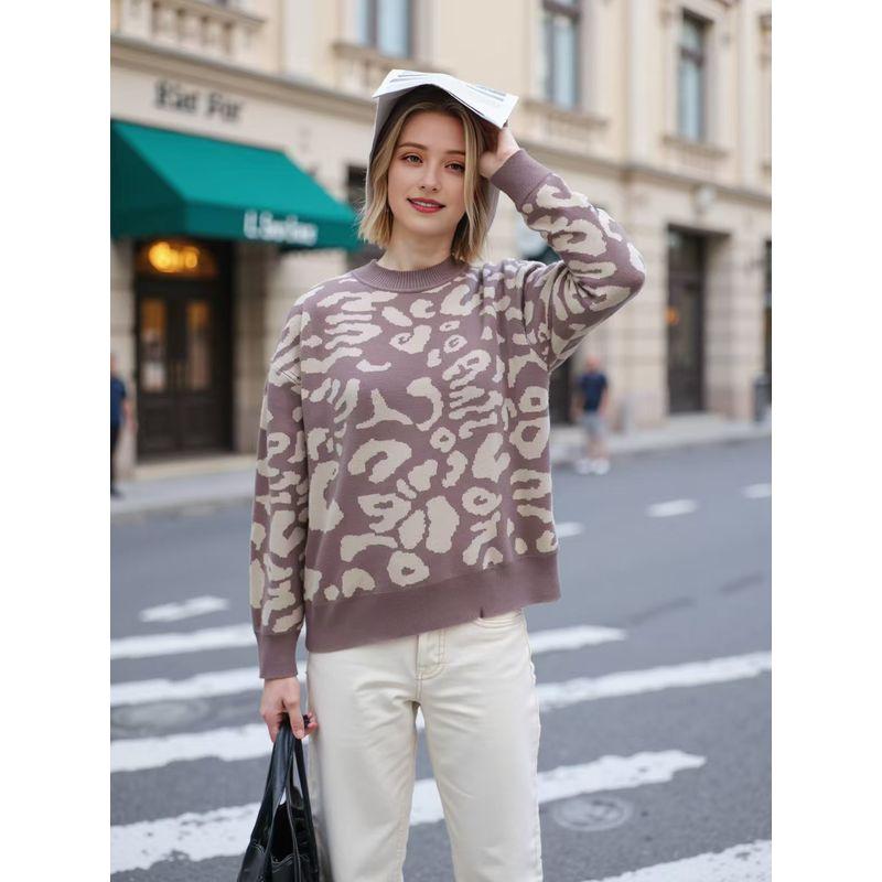 

Fashion Wind New Fashion round Neck Long Sleeves Knitting Sweater Knitted Leopard Print Sweater Red Brown One size