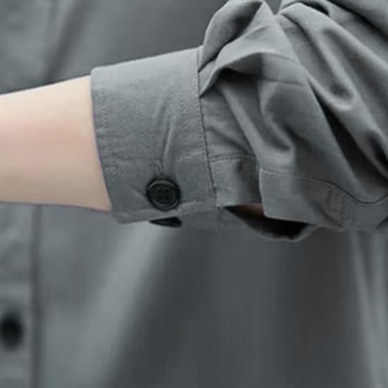 Men Autumn Shirt Double Pockets Solid Color Long Sleeves Turn-down Collar Loose Warm Single-breasted Casual Korean Style Autumn Tops for Daily Wear