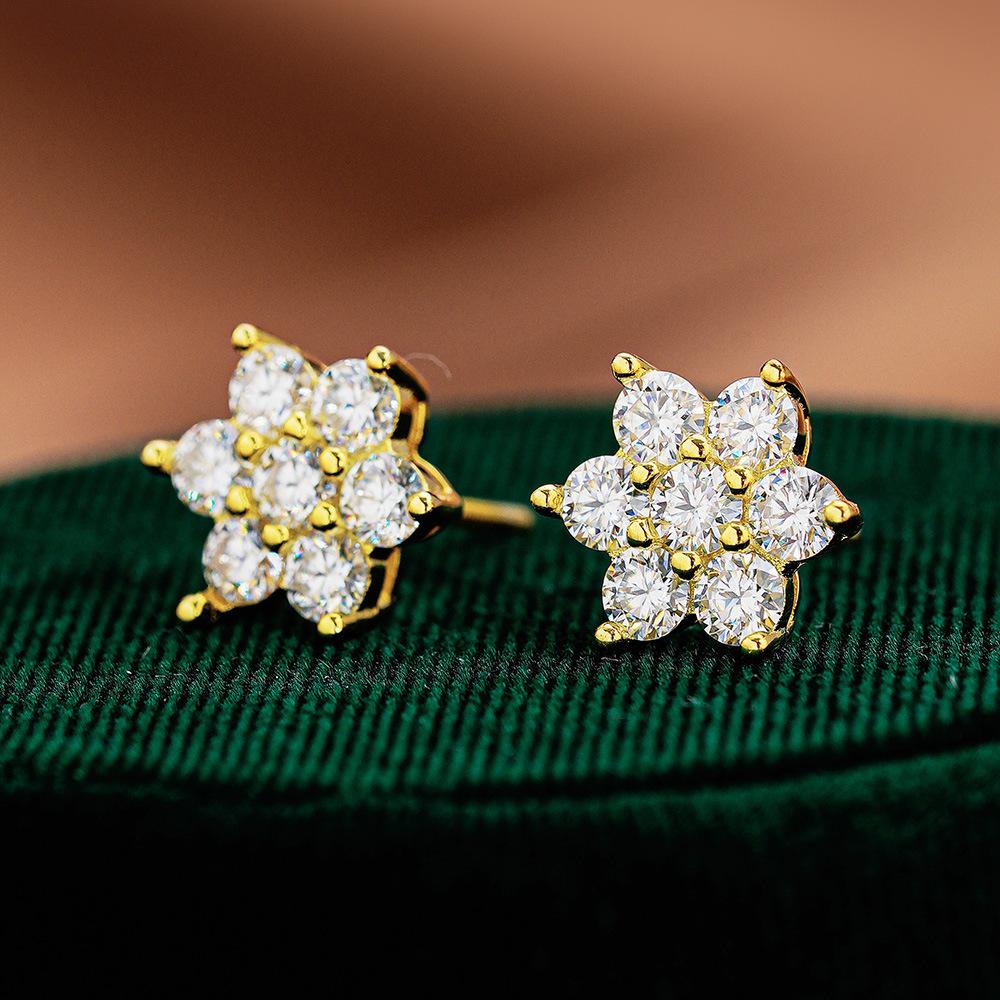 

925 Sterling Silver Flower Round Cut D Color VVS1 Moissanite Stud Earrings Luxury Fine Jewelry for Women Gift золотой