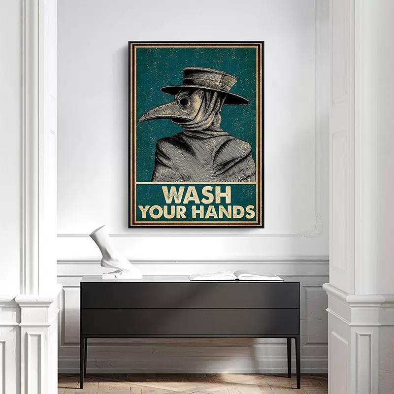 Plague Doctor Wash Your Hand Bathroom Poster Canvas Painting Retro Public Health Wall Art For Toilet Office Room Home Decoration