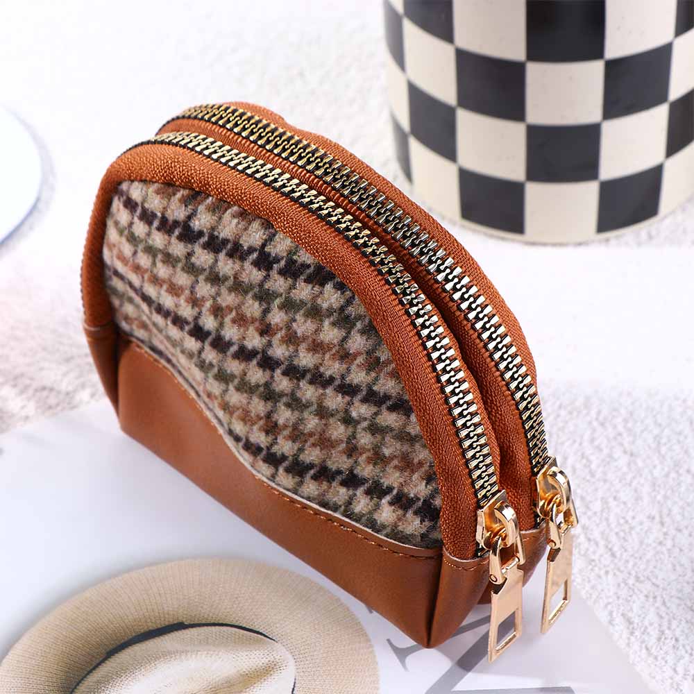 Layers Zipper with Key Chain Mini Houndstooth Wallet Women Coin Purse Card Holders Leather Bag