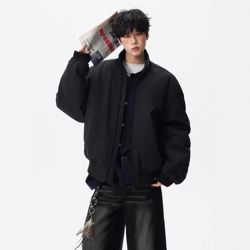 Men's Winter Retro Loose-Fit Bomber Jacket - Stand Collar, Padded, American Trendy Style