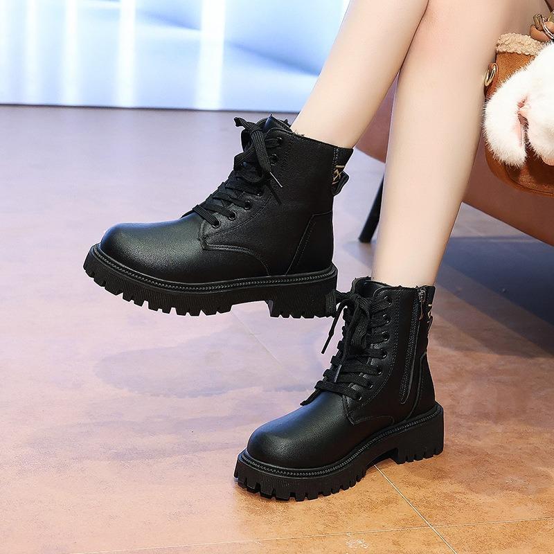 Martin Boots Women's New Winter Velvet Lace-up Leather Boots Women's Platform Fashion Trendy Short Boots Women