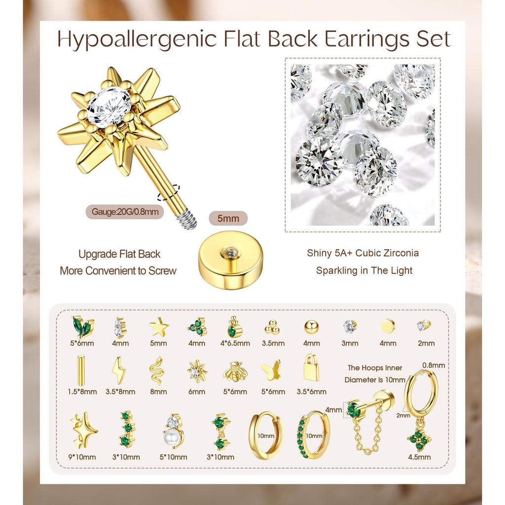 Drperfect 1pc Earrings for Sensitive Ears Surgical Steel Earrings for Women Dainty Flat Back Earring Stud Hoop Cartilage Earring