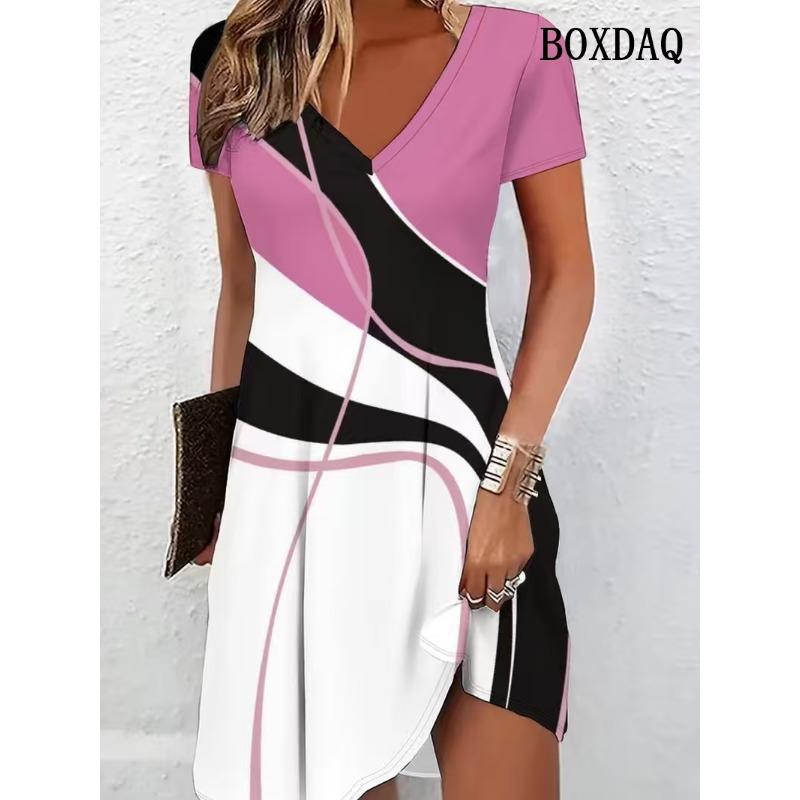 New Women Fashion Striped Dress Plus Size V-Neck Short Sleeved Casual Loose Dress Summer Casual Woman Clothing