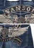 Vanson Jeans Emblem Flügel Bestickte Distressed Denim Hose SP-B-10 (Größe 38, Indigo)
