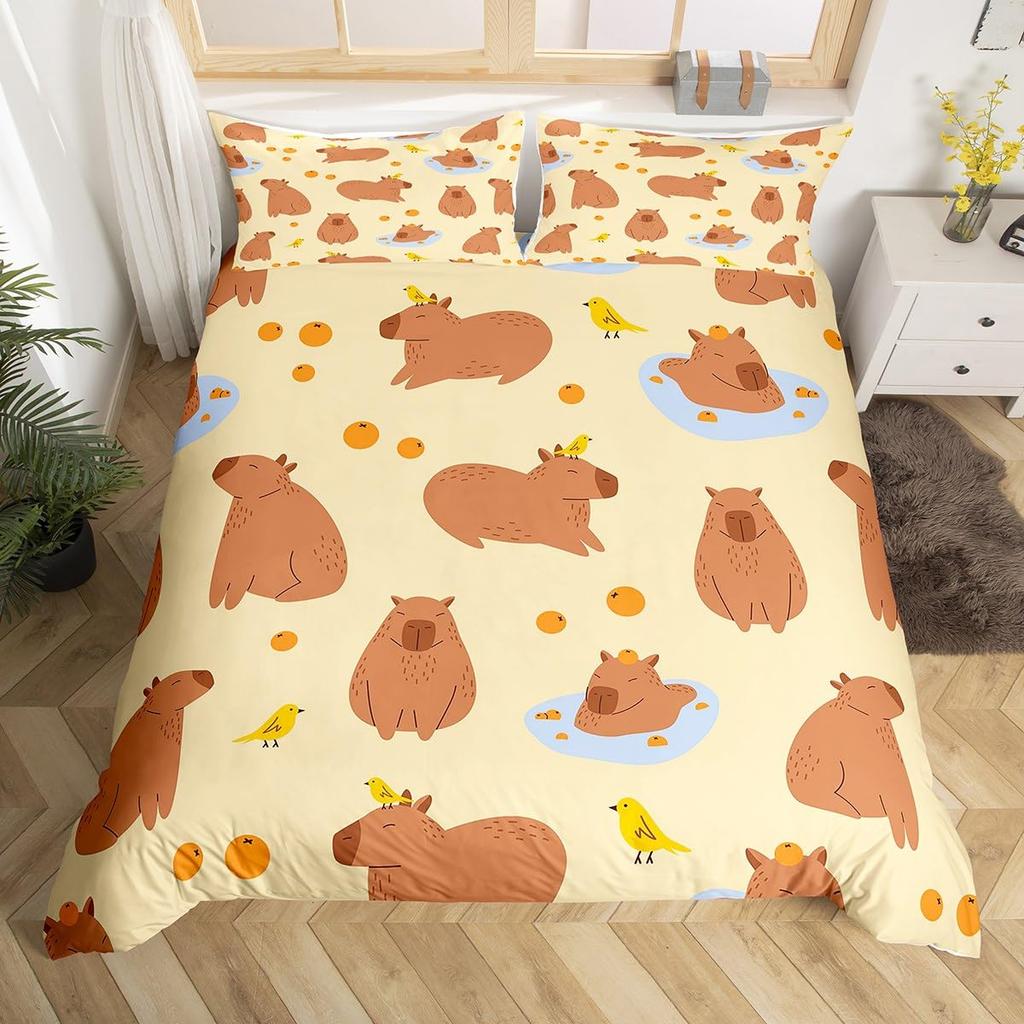Cartoon Capybara Duvet Cover Twin Queen Toddler Botanical Leaves Funny Animal Bedding Set Graffiti Sketch Lines Comforter Cover