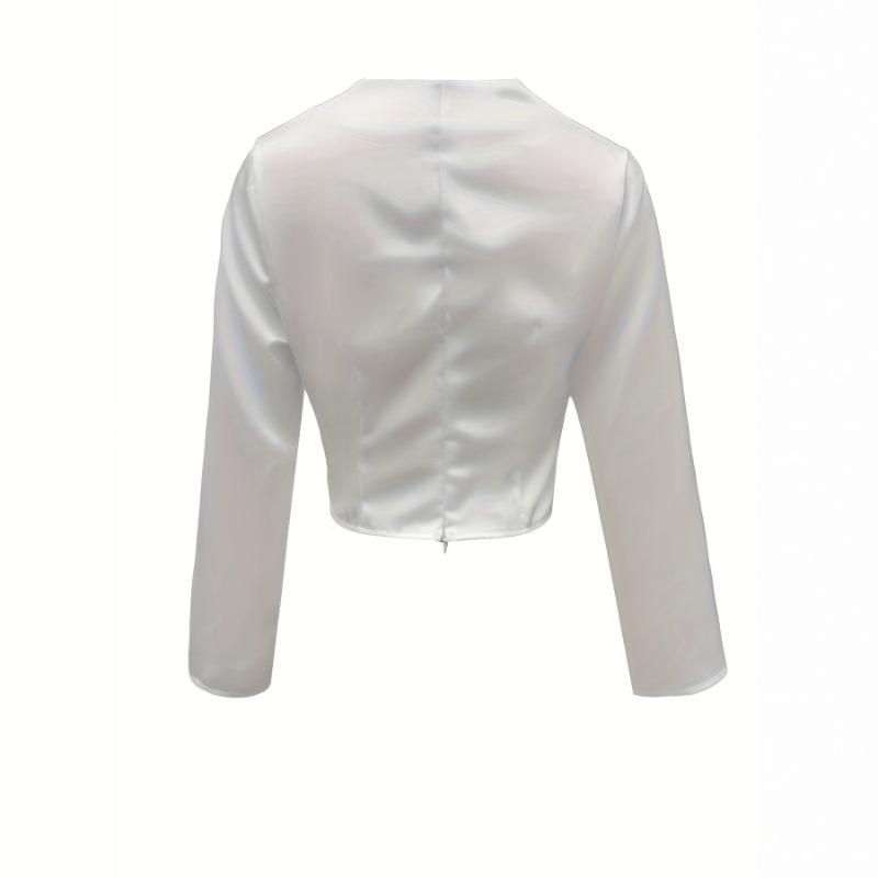 Damen Elegantes Satin Temperament Frühling und Herbst Hemd Weiß V-Ausschnitt Langarm Französisches Leichter Luxus Hemd