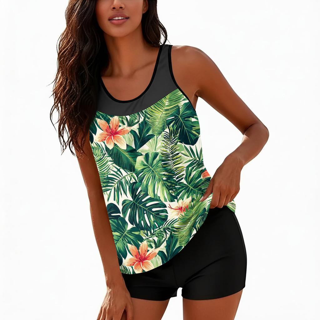 Women’s Tankini Swimsuit Two Piece Set with Floral Leaf Print Sleeveless Top and Boyshort Bottoms for Beach Pool Wear