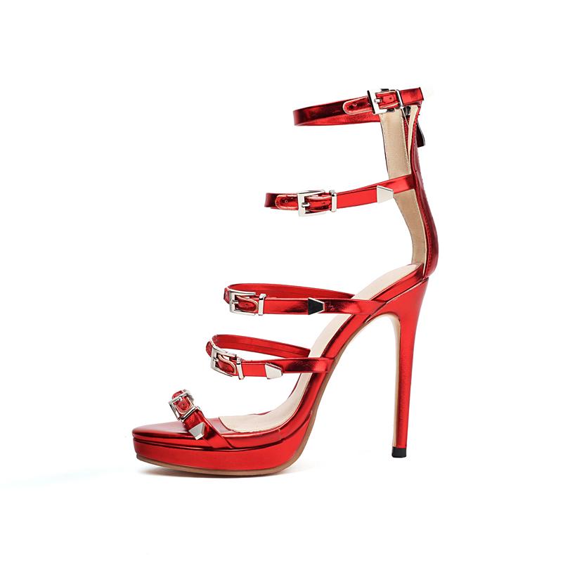 

ANNYMOLI женские лакированные босоножки с ремешком на щиколотке, круглый носок, тонкий высокий каблук, пряжка, платформа, молния, сексуальная женская модная обувь, лето 46 33 красный