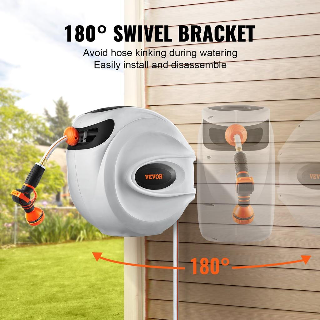 Retractable Hose Reel Water Hose Reel 65.6'x1/2" 180° Swivel Wall-Mounted
