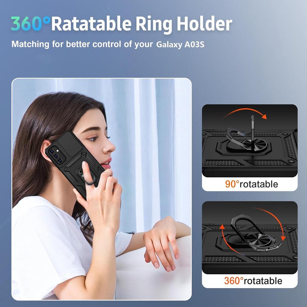 Vinve for Samsung Galaxy A03S Case with Slide Camera Lens Cover, HD Screen Protector, Military Grade Drop Protection, Magnetic Rotated Ring Holder