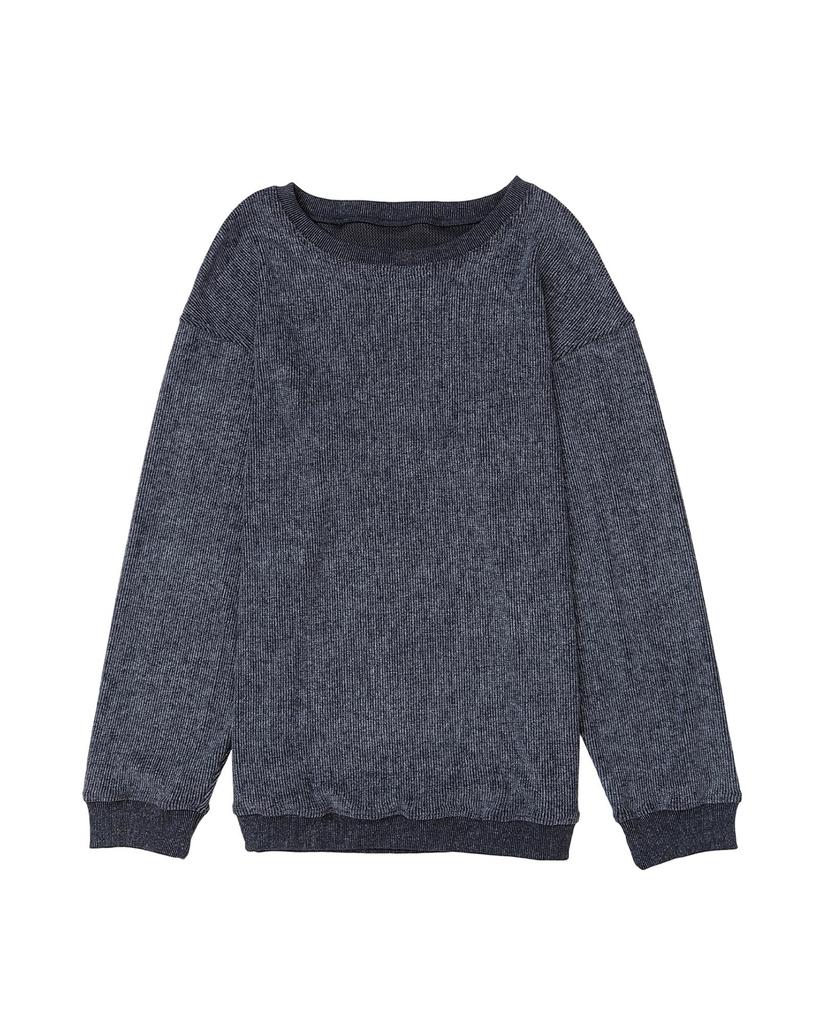 Azura Exchange Gray Ribbed Knit Round Neck Pullover Sweatshirt
