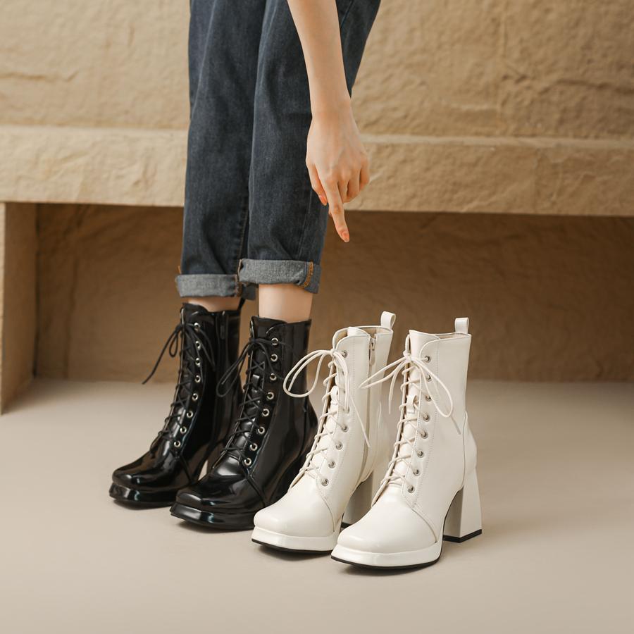 Fashion New Autumn Winter Black White Motorcycle Boots Womens Square Toe Cross Tied Platform Chunky High Heels Ankle Booties 45