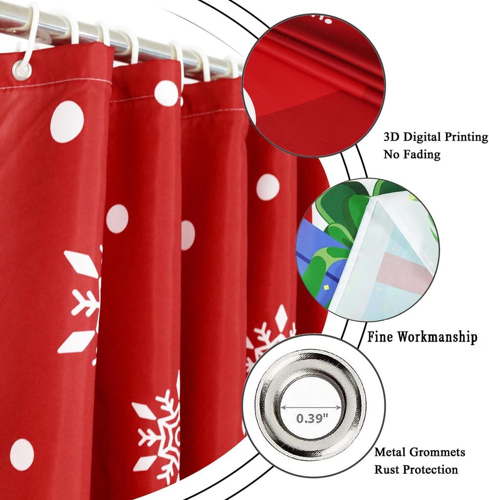 Red Christmas Snowman Shower Curtain With Snowflake Pine Tree Design, Waterproof Winter New Year Holiday Bathroom Decor