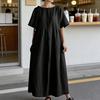Robe d'été en coton et lin pour femme à manches courtes et col rond Robe trapèze A-linen Robe d'été décontractée ample et fluide pour la plage avec poches