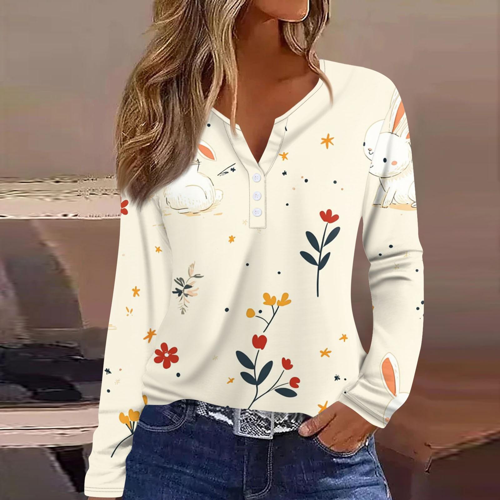 

Женская модная повседневная футболка с v-образным вырезом и длинным рукавом с принтом, топ на пуговицах M белый