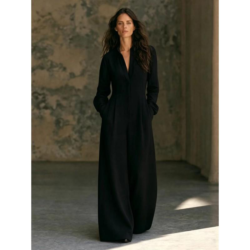 Womens V-Neck Long Sleeve Linen Jumpsuit Loose Wide Leg Casual Overall 2026 Fall Collection