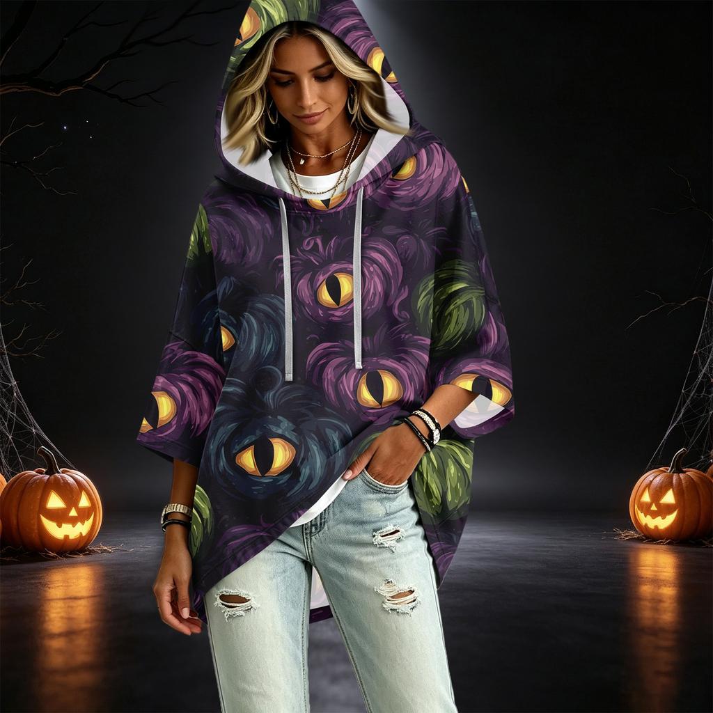 Women's Pullover Hoodie with Three-Quarter Sleeves, Halloween Print, Casual Top
