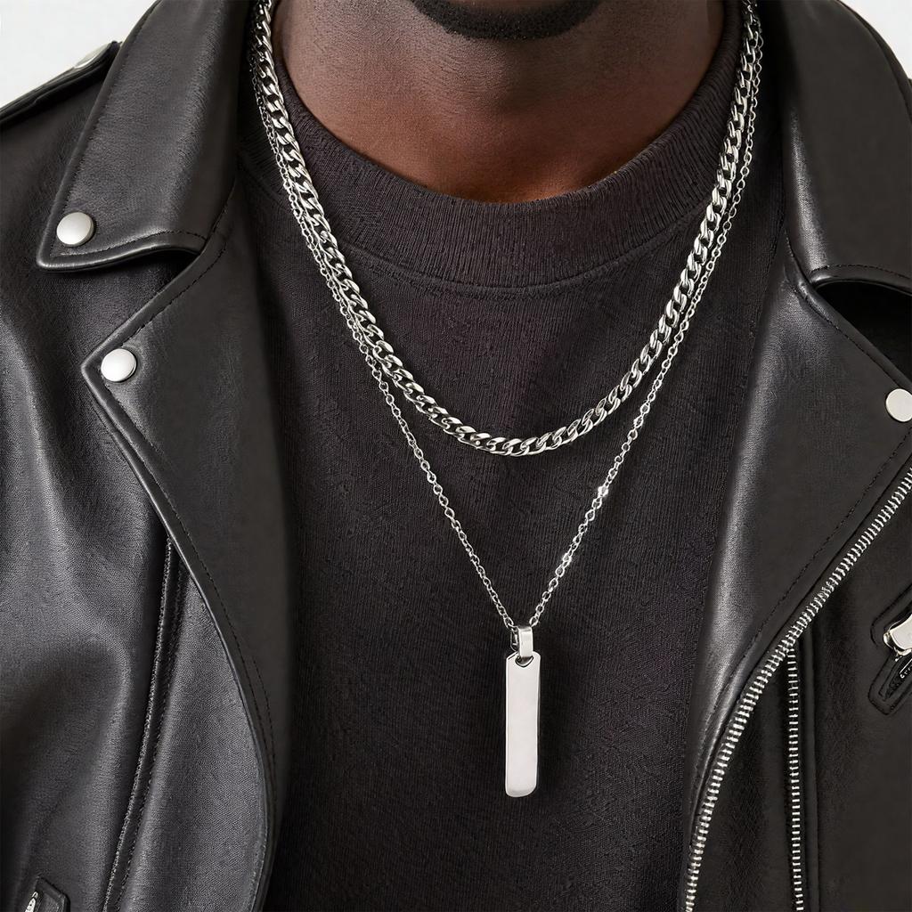 2pcs Vertical Layer Necklaces for Men Boys,Wateproof Stainless Steel Cuban Chain Collar,Stylish Men's Sweater Chain
