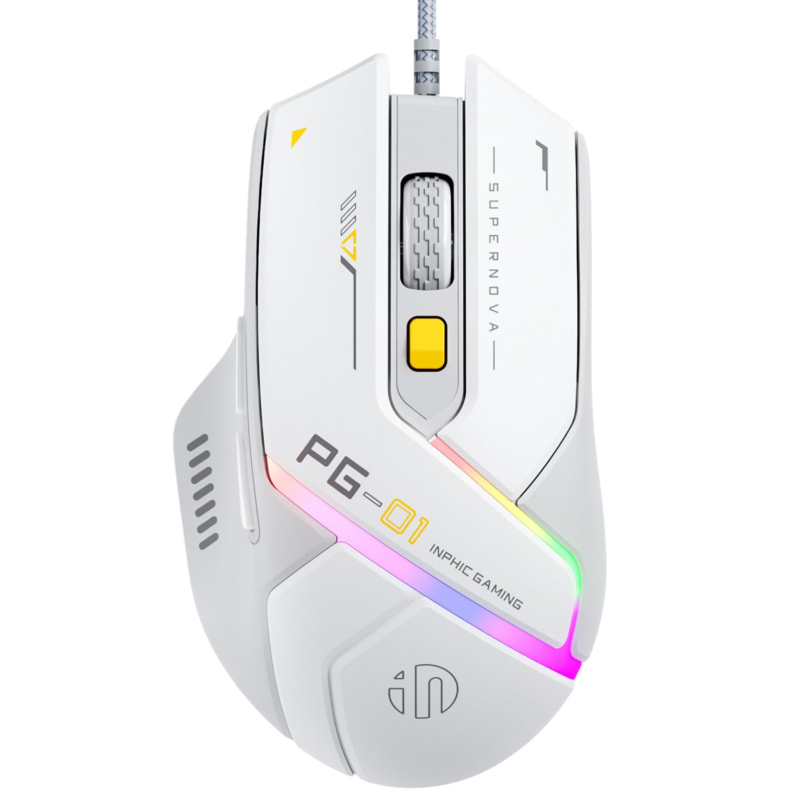 

INPHIC Ergonomic Wired Gaming 12800 6 Programmable 14 Modes RGB High White Gray Mouse, DPI, Buttons, Backlight, Precision,