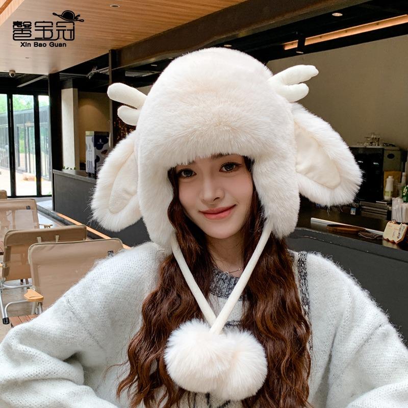 Cute plush hat women's winter outdoor cold protection, warm ear protection, antlers show face, small pullover hat
