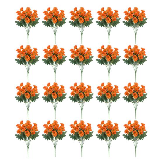 20Pcs Artificial Chrysanthemum 20 Head UV Resistant Fake Silk Flower with Green Leaves Autumn Indoor Outdoor Garden Table Centerpiece Faux Bloom