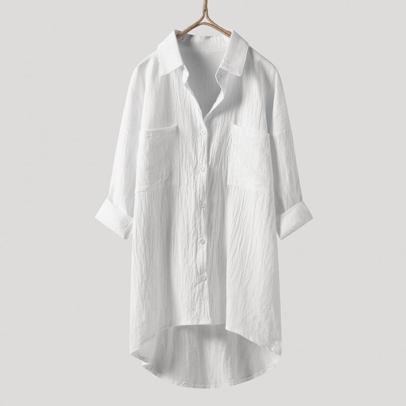 2026 Lente en Herfst Nieuw Dames Casual Stijl Effen Kleur Shirt Katoen Linnen Vest met Dubbele Zakken Lange Mouw Top