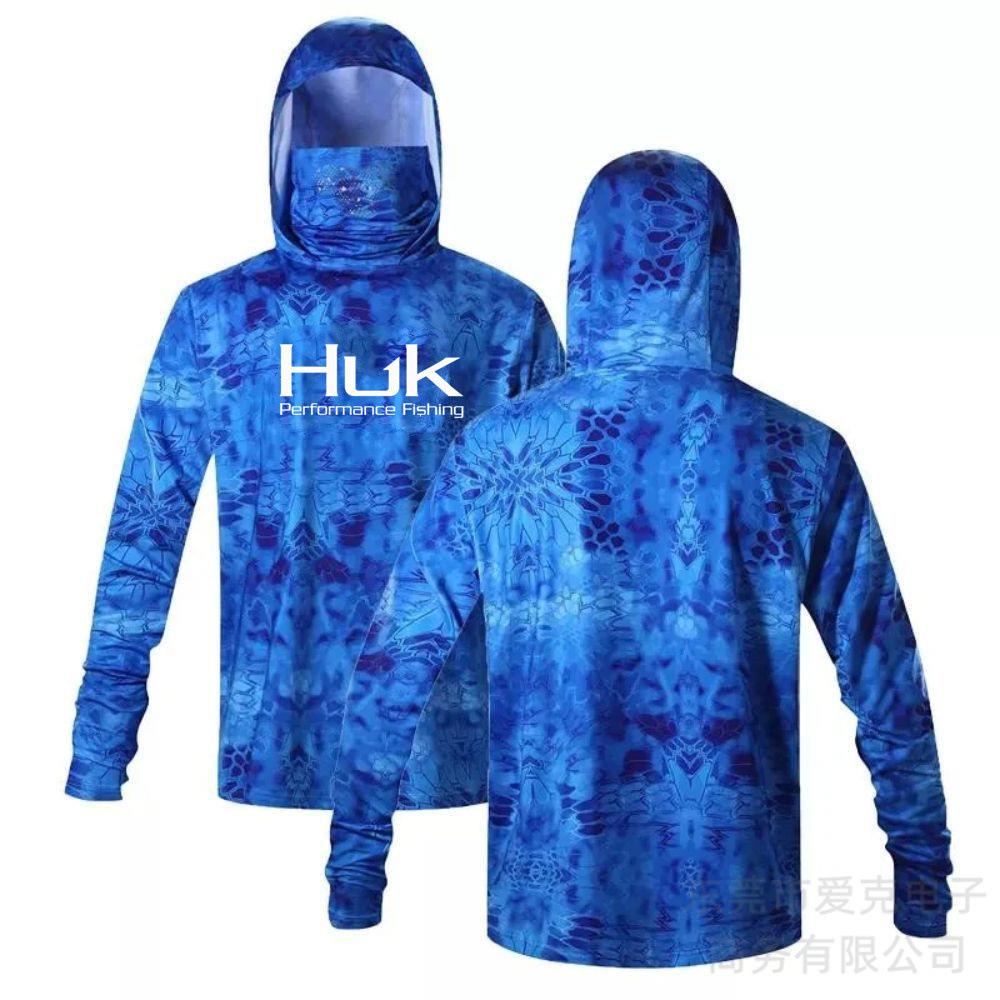 HUK fishing suit men's hoodie summer sun protection long sleeve fishing top with mask outdoor sports fishing shirt