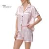 2 Pçs/Conjunto Mulheres Camisa Shorts Terno Plus Size Lapela Mangas Curtas Cetim Listrado Contraste Cor Top Cintura Elástica Calças Curtas Homewear Loungewear