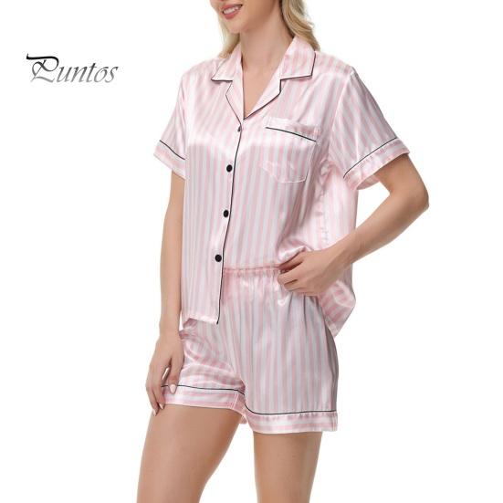 2 Pçs/Conjunto Mulheres Camisa Shorts Terno Plus Size Lapela Mangas Curtas Cetim Listrado Contraste Cor Top Cintura Elástica Calças Curtas Homewear Loungewear