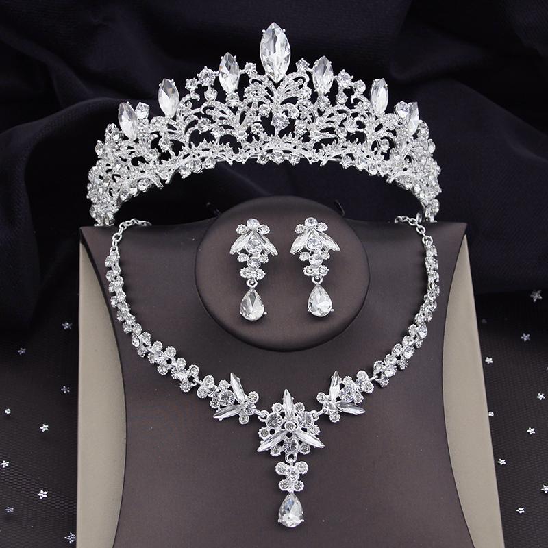 Ensembles de Bijoux de Mariée en Cristal Strass pour Femmes Tiare Couronne Collier Boucle d'Oreille Bal Mariée Costume Ensembles de Bijoux Mode Mariage