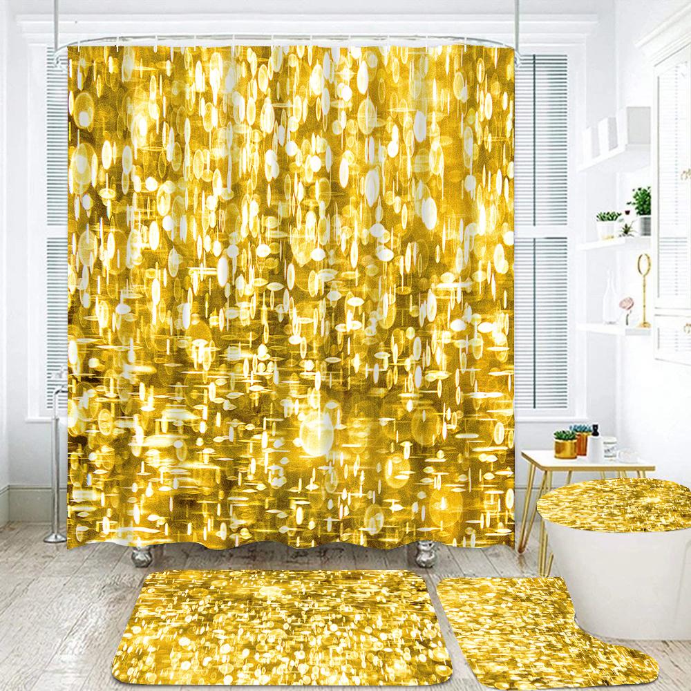 Sparkling Golden Red Shower Curtain Set with Non-Slip Rugs Toilet Lid Cover and Bath Mat Glitter Shower Curtain Bathroom Decor