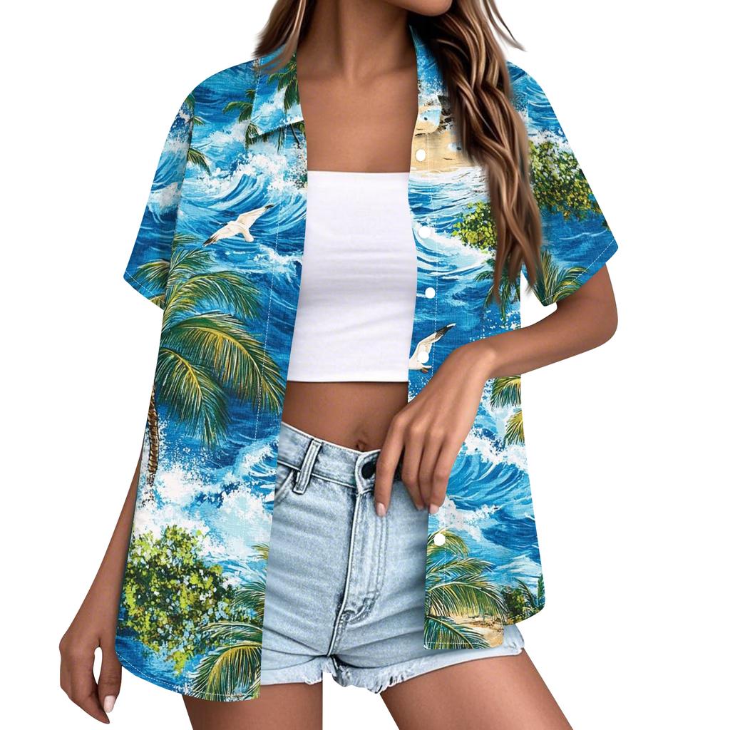Women's Fashion Casual Short Sleeve Button Lapel Shirt Tops