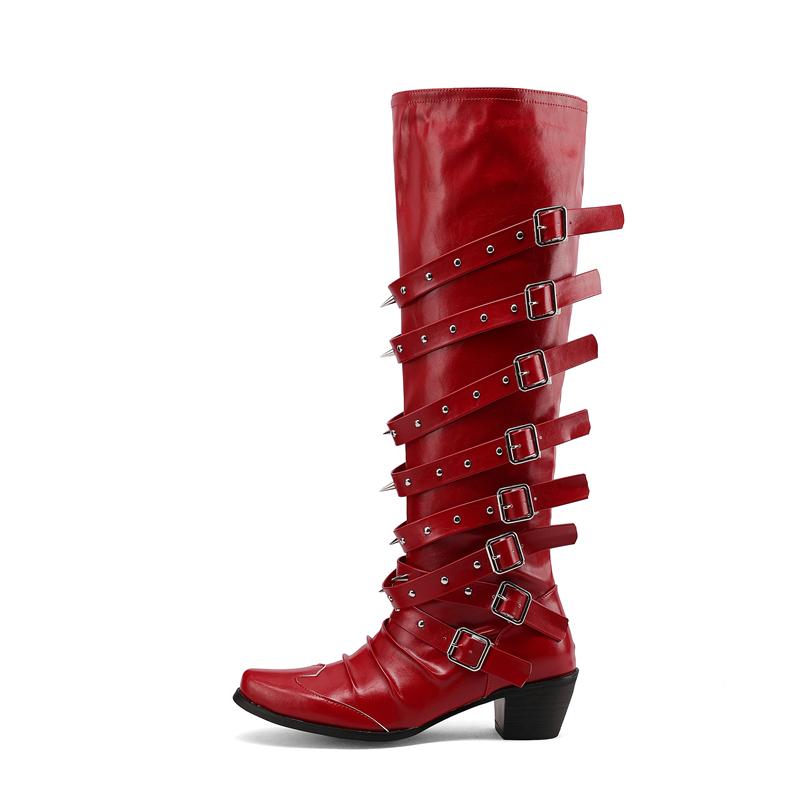 

Gothic Knee High Boots Rivets Punk Rock Belt Buckle PU Leather Solid Color Novelty Boots Sexy Fashion Spicy Girls Shoes Newest 34 червоний