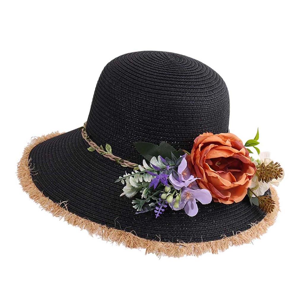 Artificial Flowers Wide Brim Straw Hat Women Stylish Foldable Sun Hat Lightweight UV Protection Summer Beach Caps for Outdoor