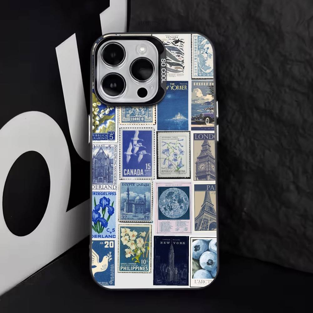 Retro Stamp   Phone Case For iPhone 17,16,15,14,13,12,11 Plus,Pro Max,XS,Colored Silver Plated Inside Cover
