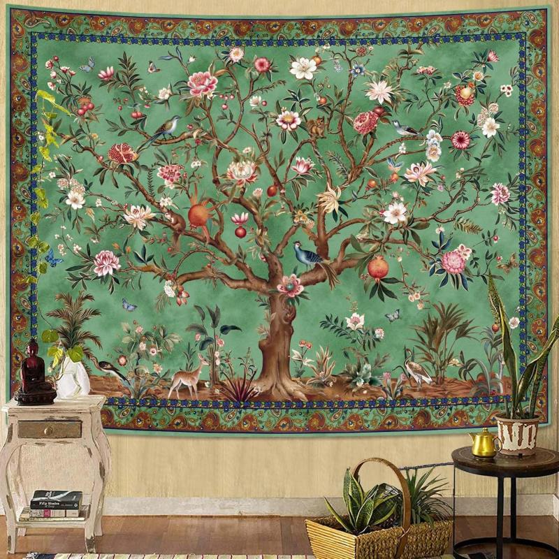 VIKAMA Bohemian Tree of Life Tapestry Vintage Floral and Animal Motifs Aesthetic Home Decor Suitable for Dorm Rooms